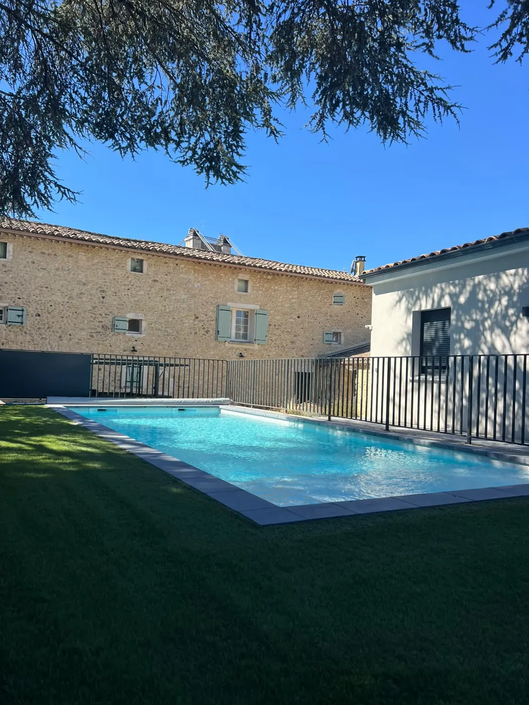 Piscine commune bordée de pelouse sous les branches d’un grand cèdre, maison en pierre en arrière-plan